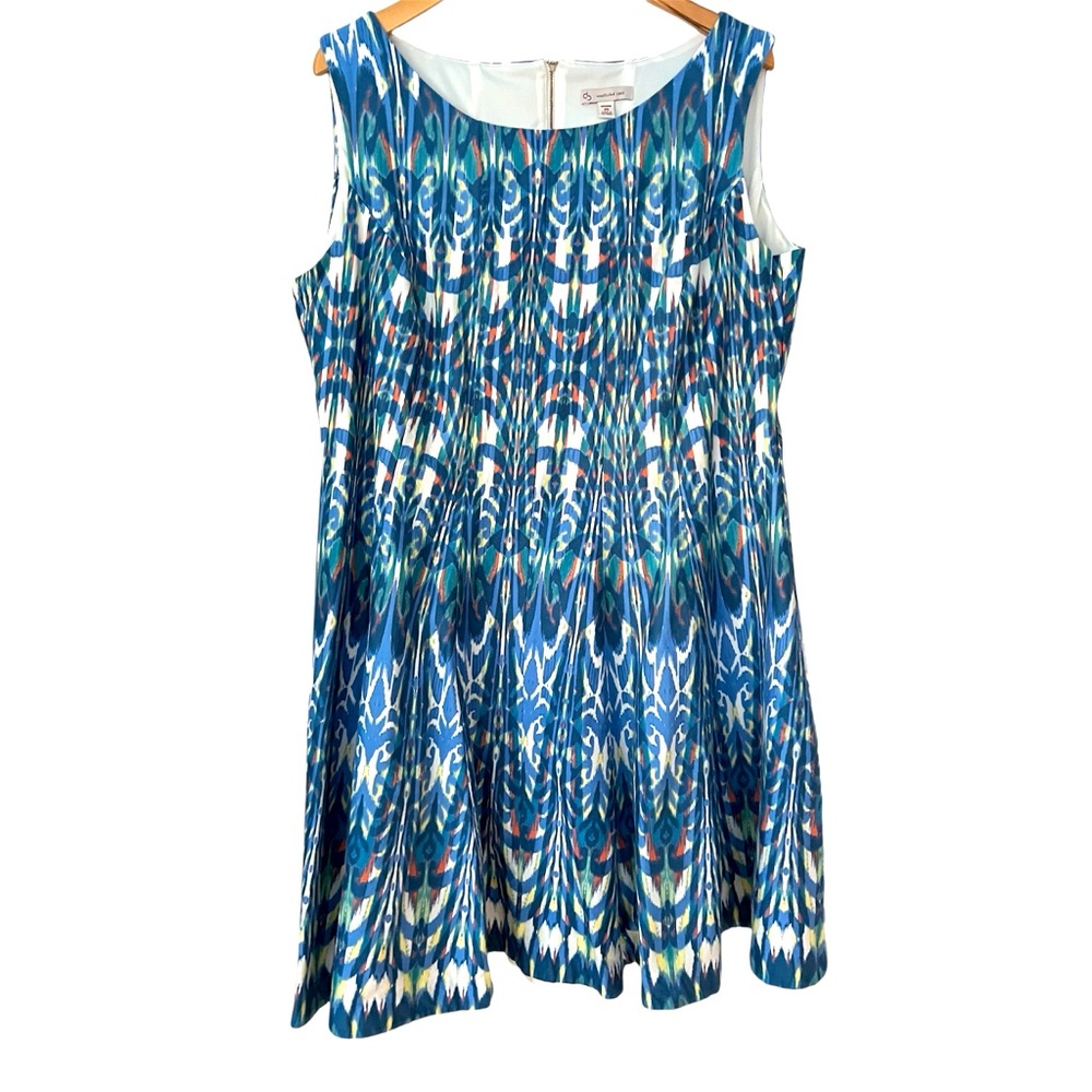 Fit & Flare Dress sz 20 Side Pockets Blue Coral White Established 1962 EUC